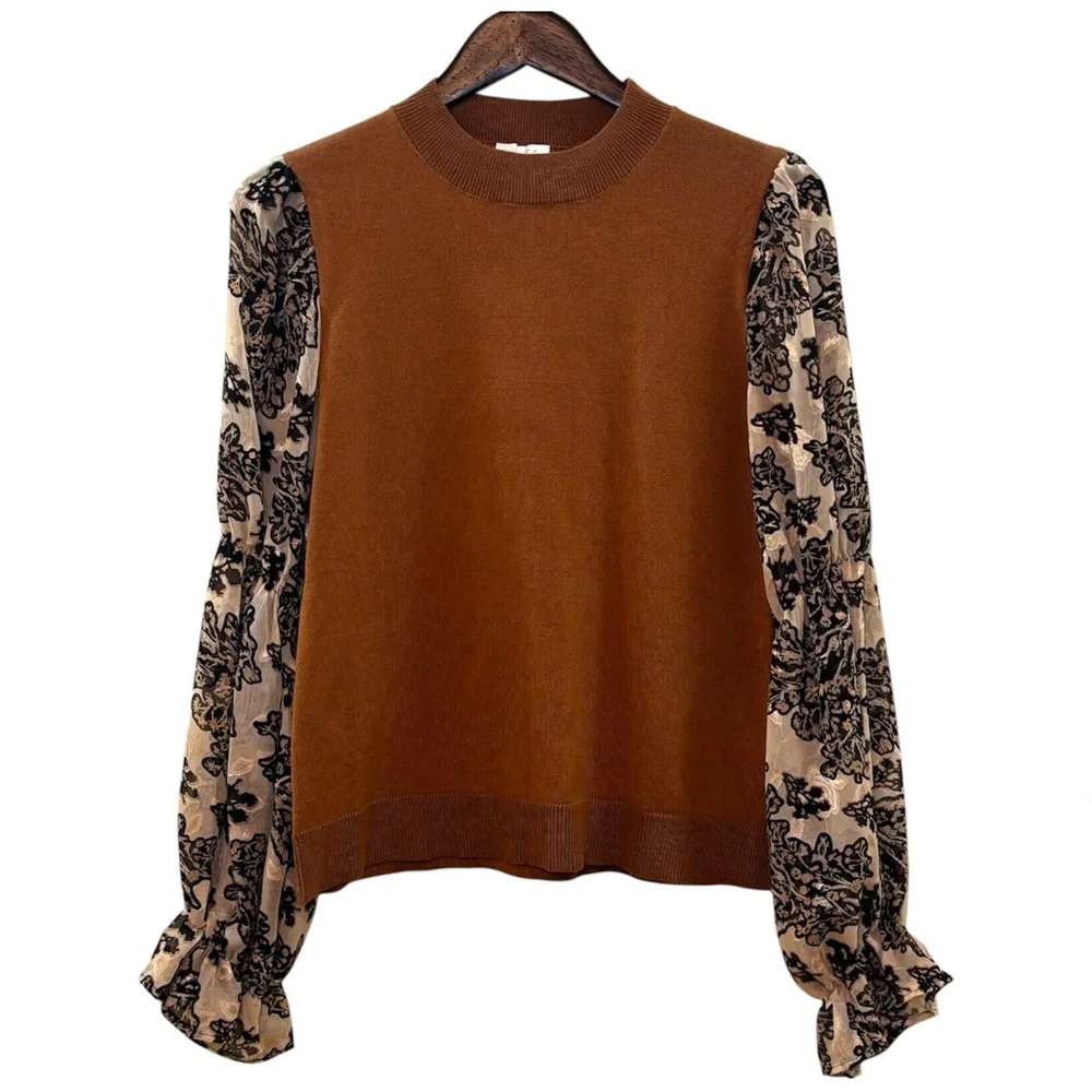 Hailey & Co Sweater with Jacquard Organza Sleeves Brown Black Size Medium